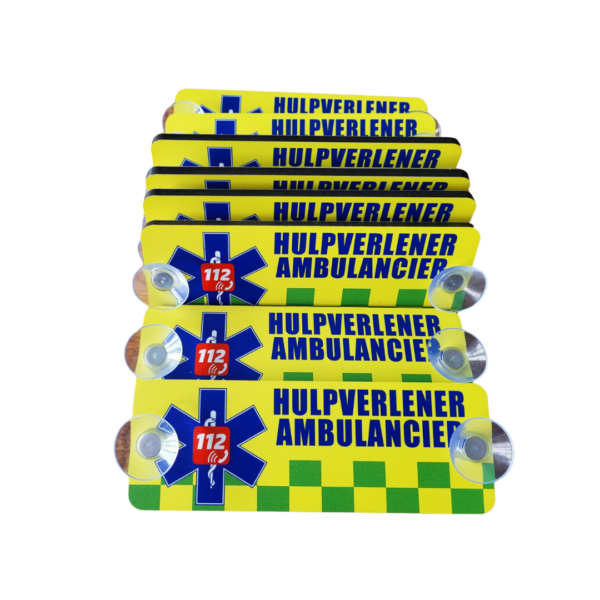 Autobordje HULPVERLENER AMBULANCIER (lang – 19cm x 6.5cm) met Star of Life/112 en battenburg 'FOUTE' productie