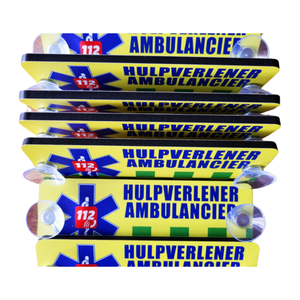 Autobordje HULPVERLENER AMBULANCIER (lang – 19cm x 6.5cm) met Star of Life/112 en battenburg 'FOUTE' productie - Afbeelding 2
