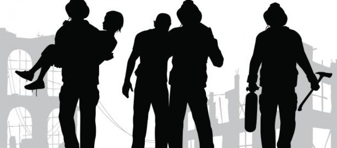 Vector illustration of firefighter silhouettes rescuing people from a fire disaster