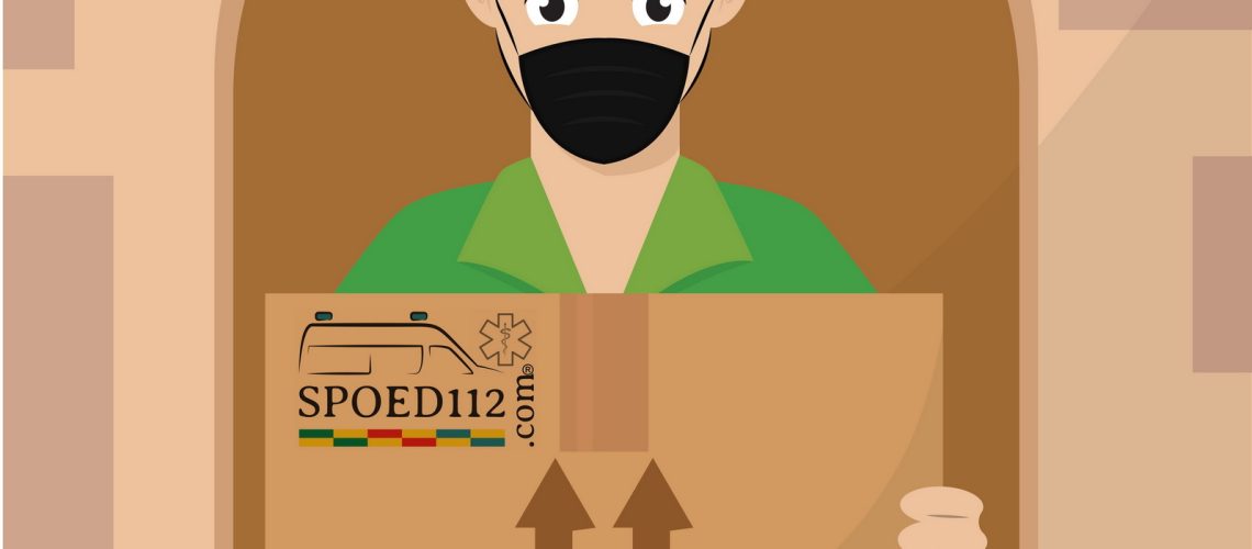 Delivery man with a package and face mask. Secure delivery - Vector